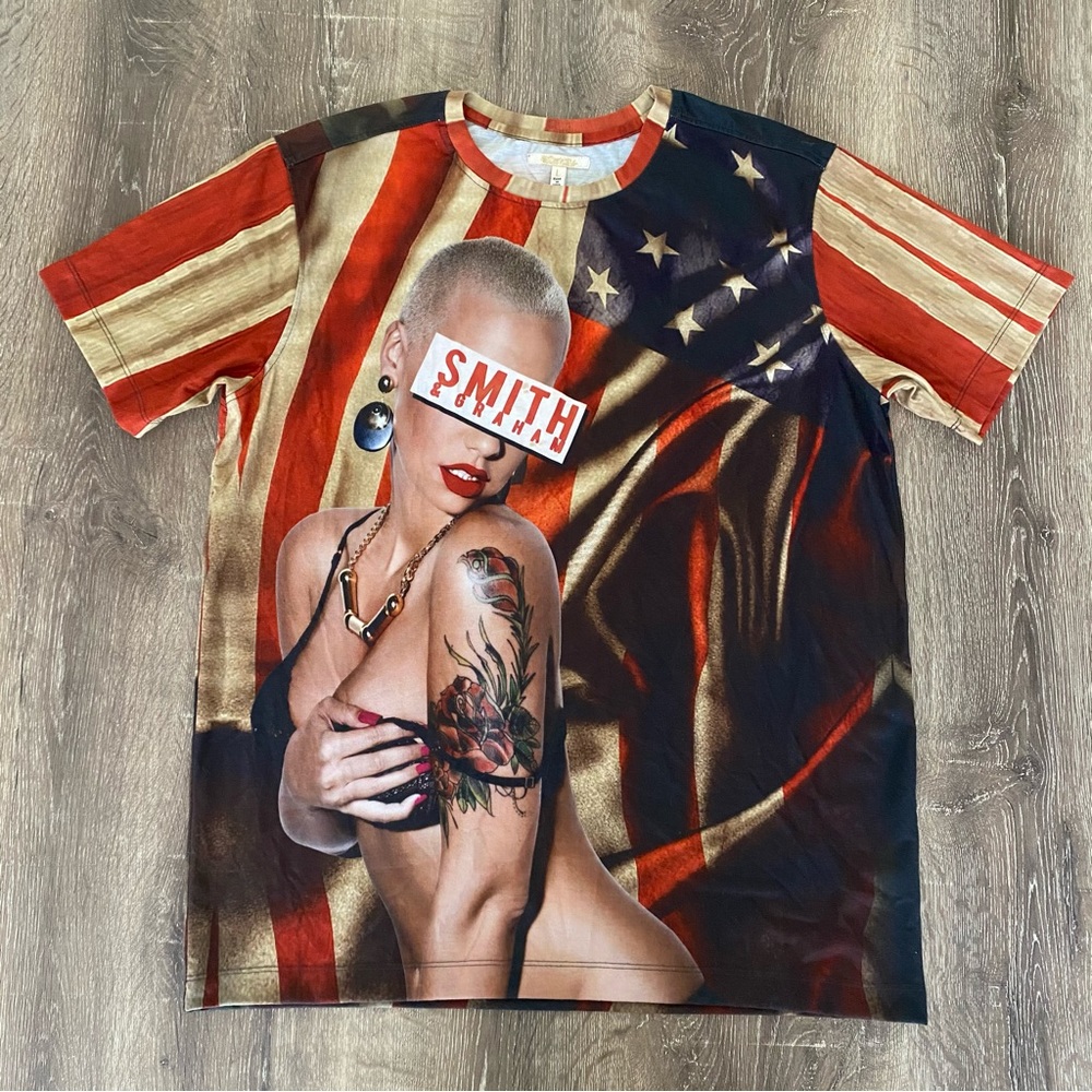 Smith & Graham Badass Bikini Tattooed Girl with American Flag Luxury Tee